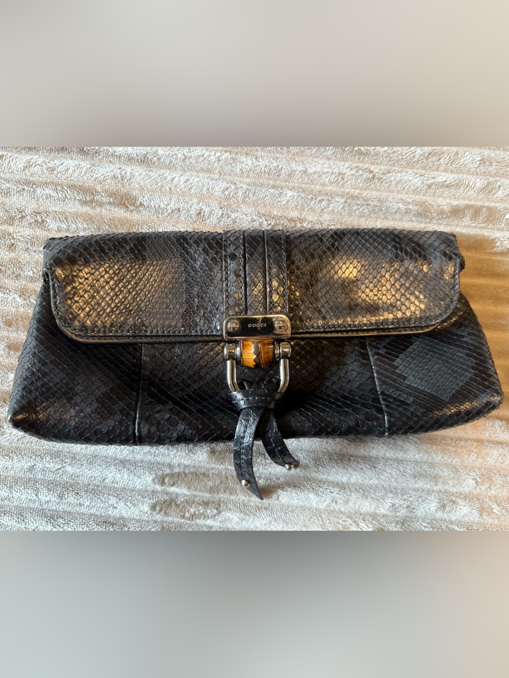 Gucci Black and green Python Leather Clutch with Bamboo Hardware
